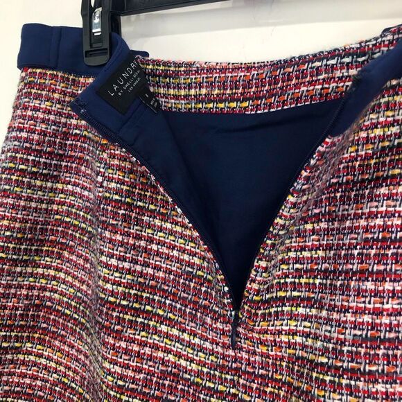 Laundry by Shelli Segal Navy Blue Colorful Woven Tweed Fringe Hem Mini Skirt - Picture 9 of 16